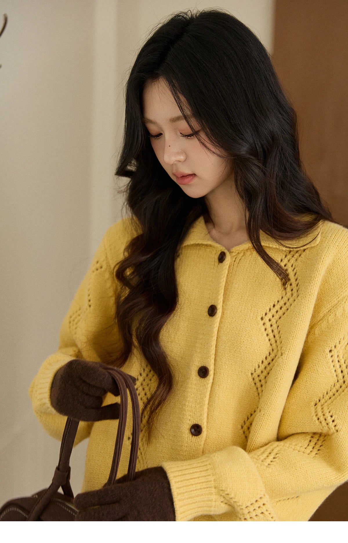 MISHOW Women's Hollow Pattern Knitted Cardigan 2025 Winter Yellow Lapel Single Breasted Sweater Loose Pullover Tops MXE94Z2961
