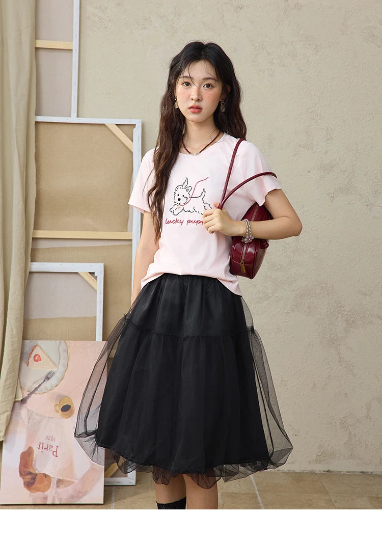 MISHOW Cute Printed Puppy Short Sleeve T-shirt 2025 Summer Round Neck Short Sleeved T-shirt Cotton Blend Casual Tees MXE36T0640