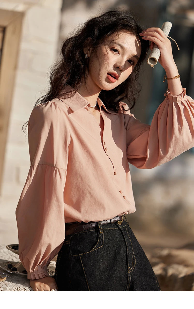 MISHOW French Polo Neck Long Sleeve Shirt Women's Spring Summer 2025 Elegant Sweet Cute Casual Tops Solid Shirts MXE11C0388
