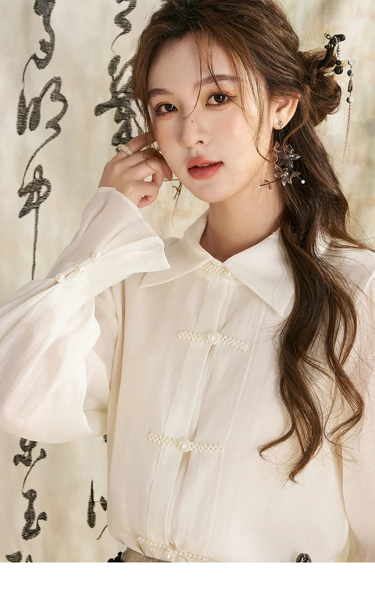 MISHOW Chinese Style Lapel Shirt 2024 Spring Retro Button Pearl Embellishments Folded Cuffs Petal Sleeve Loose Top MXD11X1344