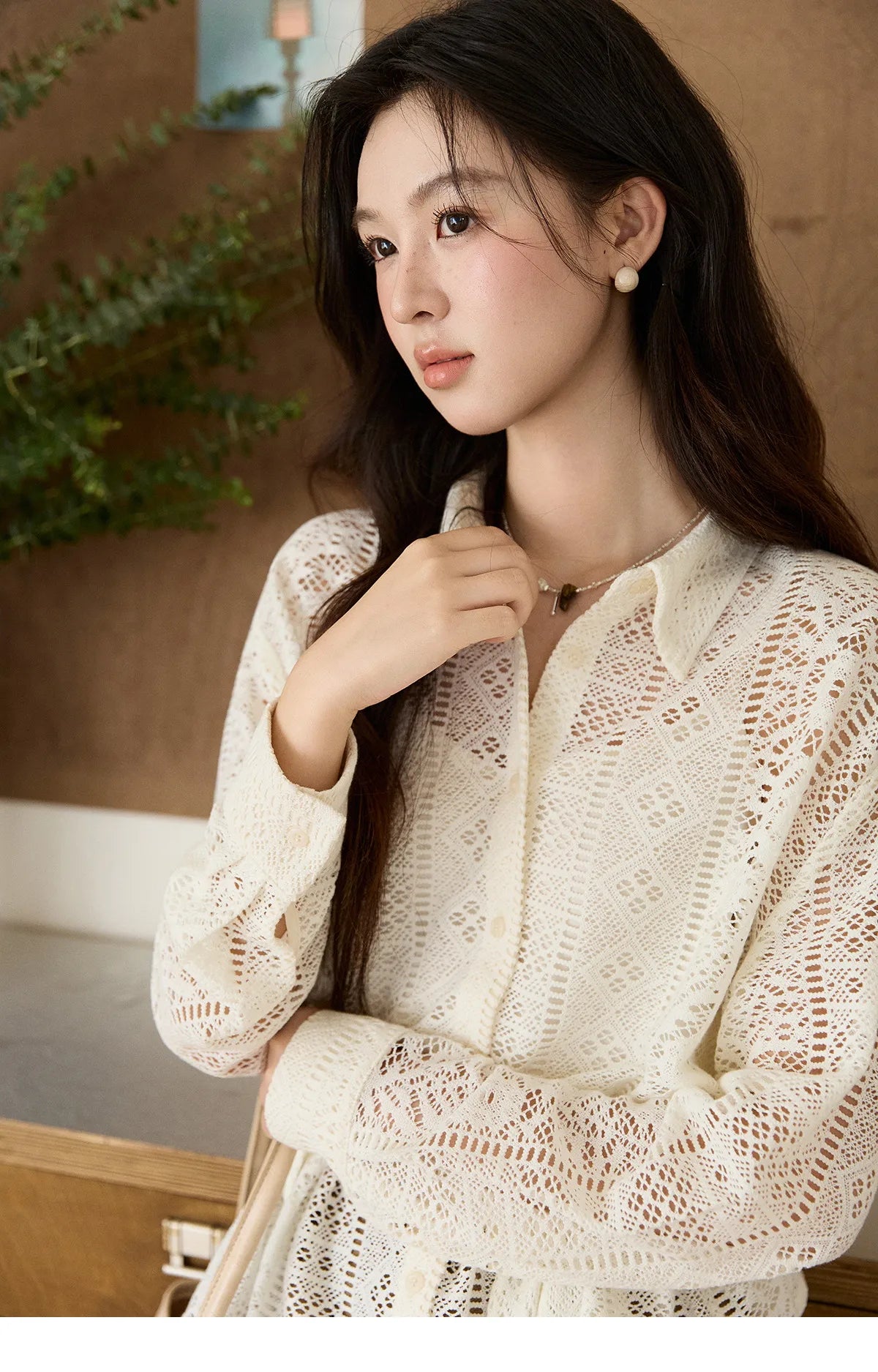 MISHOW Women's Hollow-out Lace Shirt Camisole Set 2026 Spring Lapel Drawstring Waist Sheer Casual Two-Piece Knitwear MXF108C0816