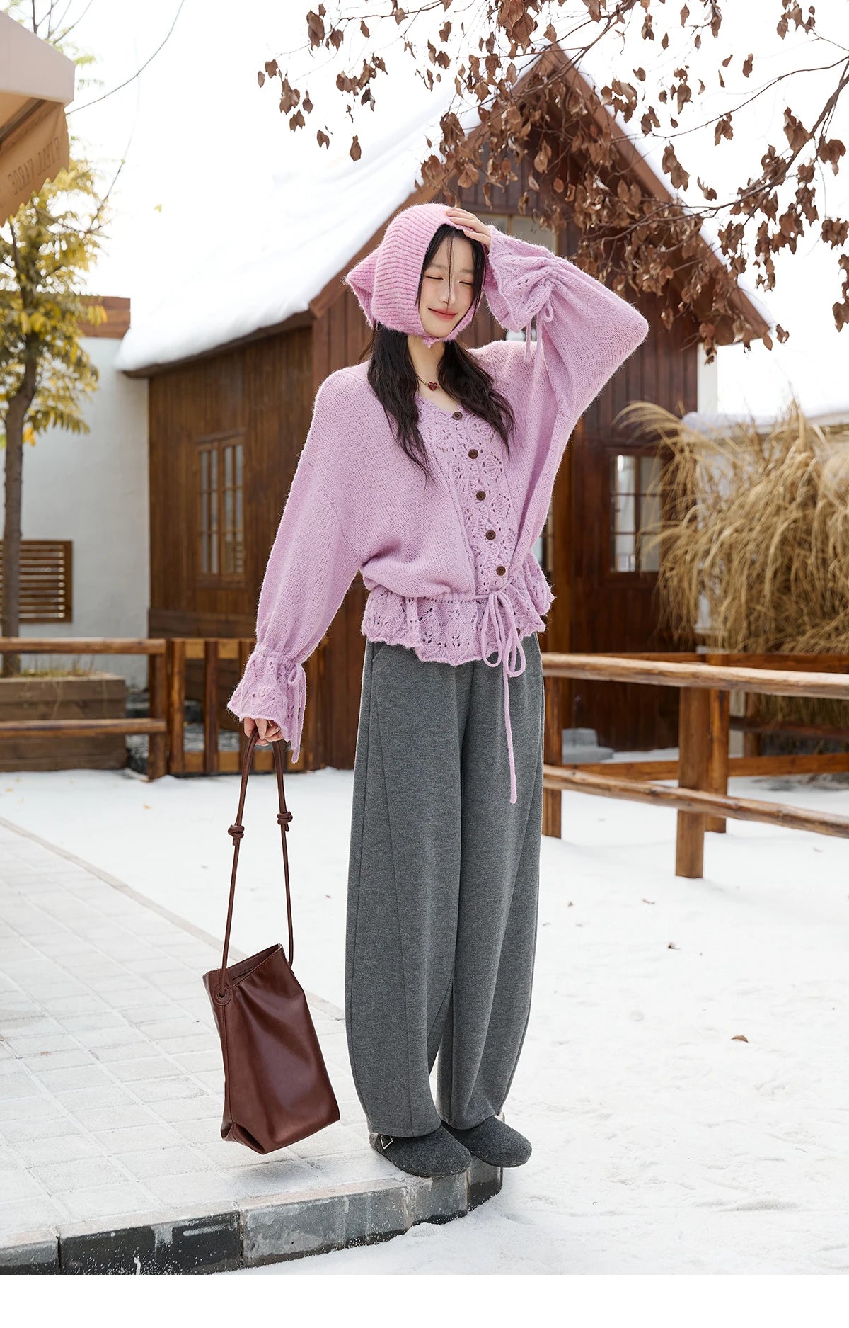 MISHOW Elegant Cardigan Women 2025 Autumn Design Hollow Knit Sweater V-neck Flared Sleeves Loose Casual Sweater MXE47Z2513