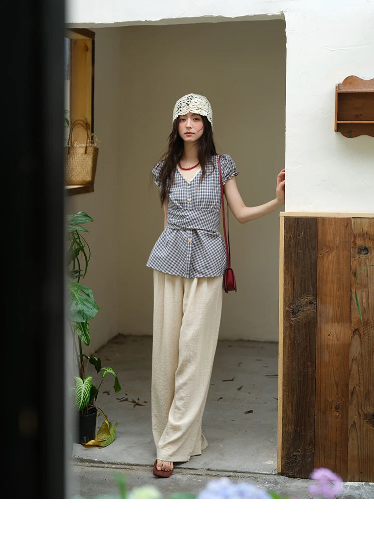 MISHOW Women's Garment Sleeves Plaid Shirt 2025 Summer New Fashion Lace V-neck Shirt Button Belt Top Female Clothing MXE36X1814