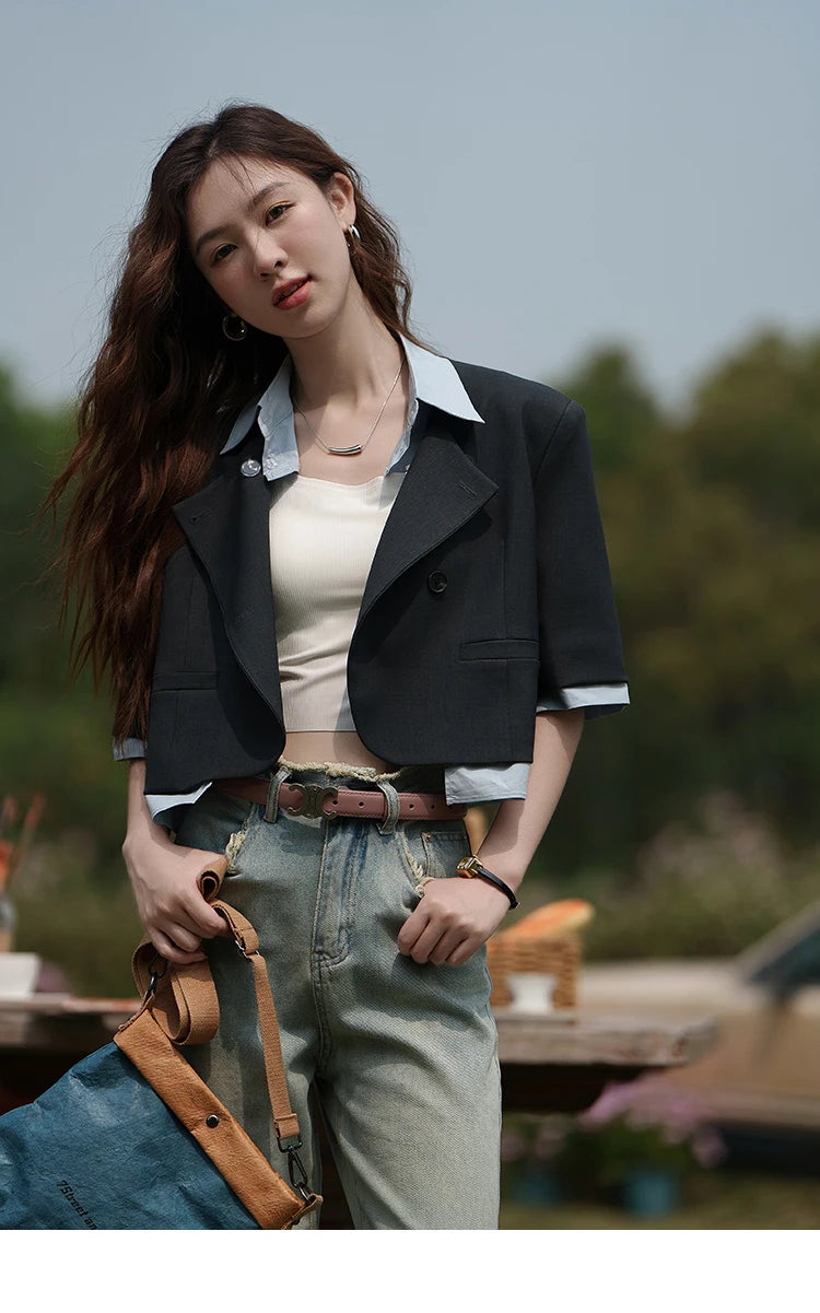 MISHOW Fake Two Short Suit Jackets for Women Summer Three Quarter Single Breasted Turn-down Collar Female Coats MXC33W0016