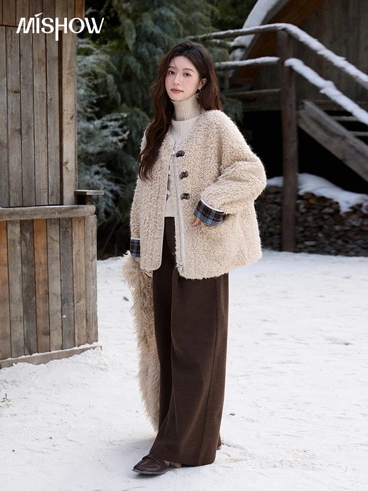 MISHOW Plaid Patchwork Curly Lambswool Coat Winter 2025 Women's Fashion Coat Double-Front Retro Casual Loose Jacket MXE87W0939