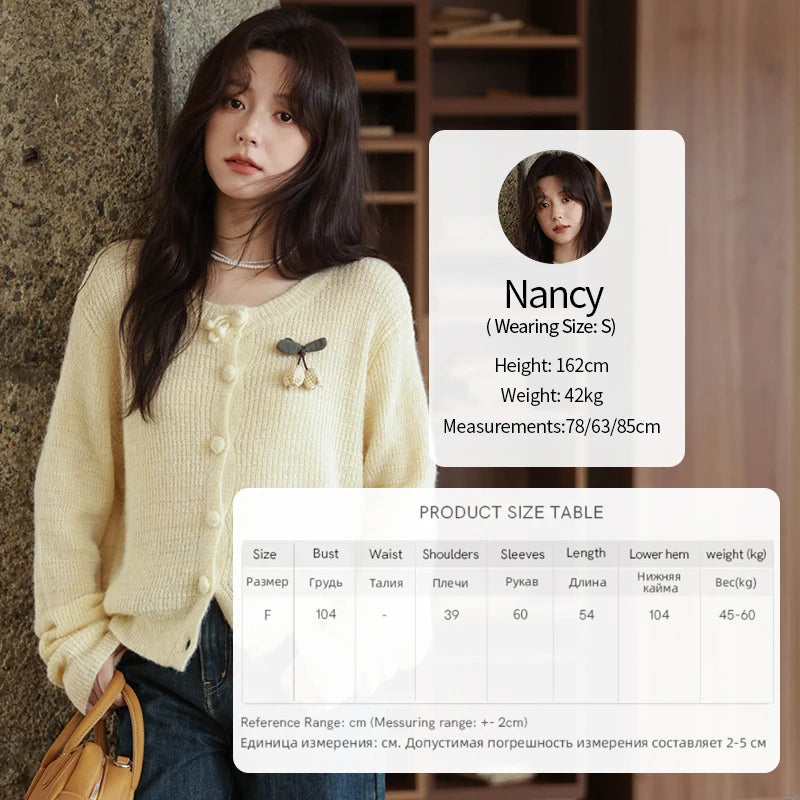 MISHOW Women's Knit Cardigan 2025 Autumn Elegant Camellia Brooch Round Neck Long-Sleeve Top Solid Commute Outerwear MXE44Z1390