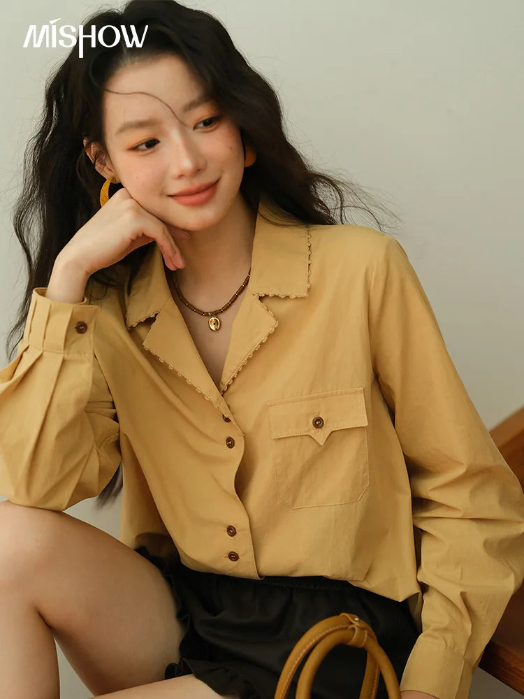 MISHOW Women's Retro Yellow Lapel Cotton Shirt 2025 Autumn Loose Casual Top Contrasting Button with Pocket Shirts MXE41C2356