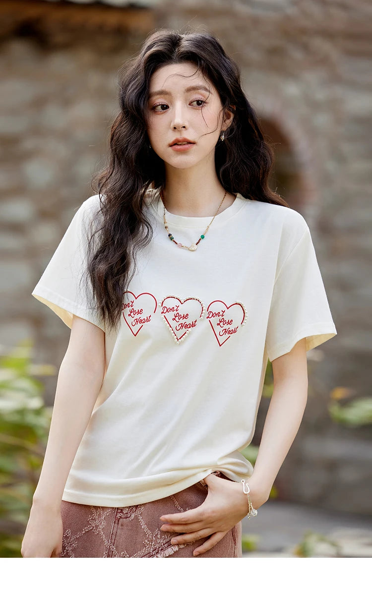 MISHOW Apricot Short Sleeved T-shirt Women 2025 Spring New Casual Versatile Heart Print Positive Shoulder Tops Outer MXE11T0491