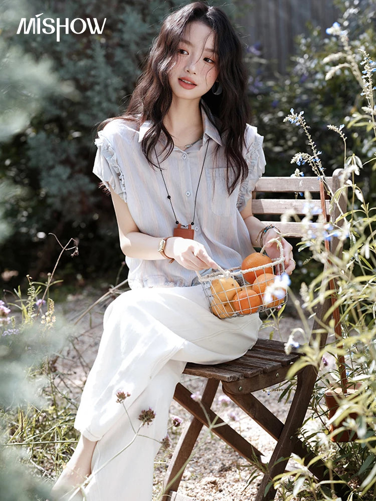 MISHOW Women's Short Sleeve Shirt 2025 Summer Ladies Turn-down Collar Button Shirt Casual Striped Top Female Clothing MXE38C2347