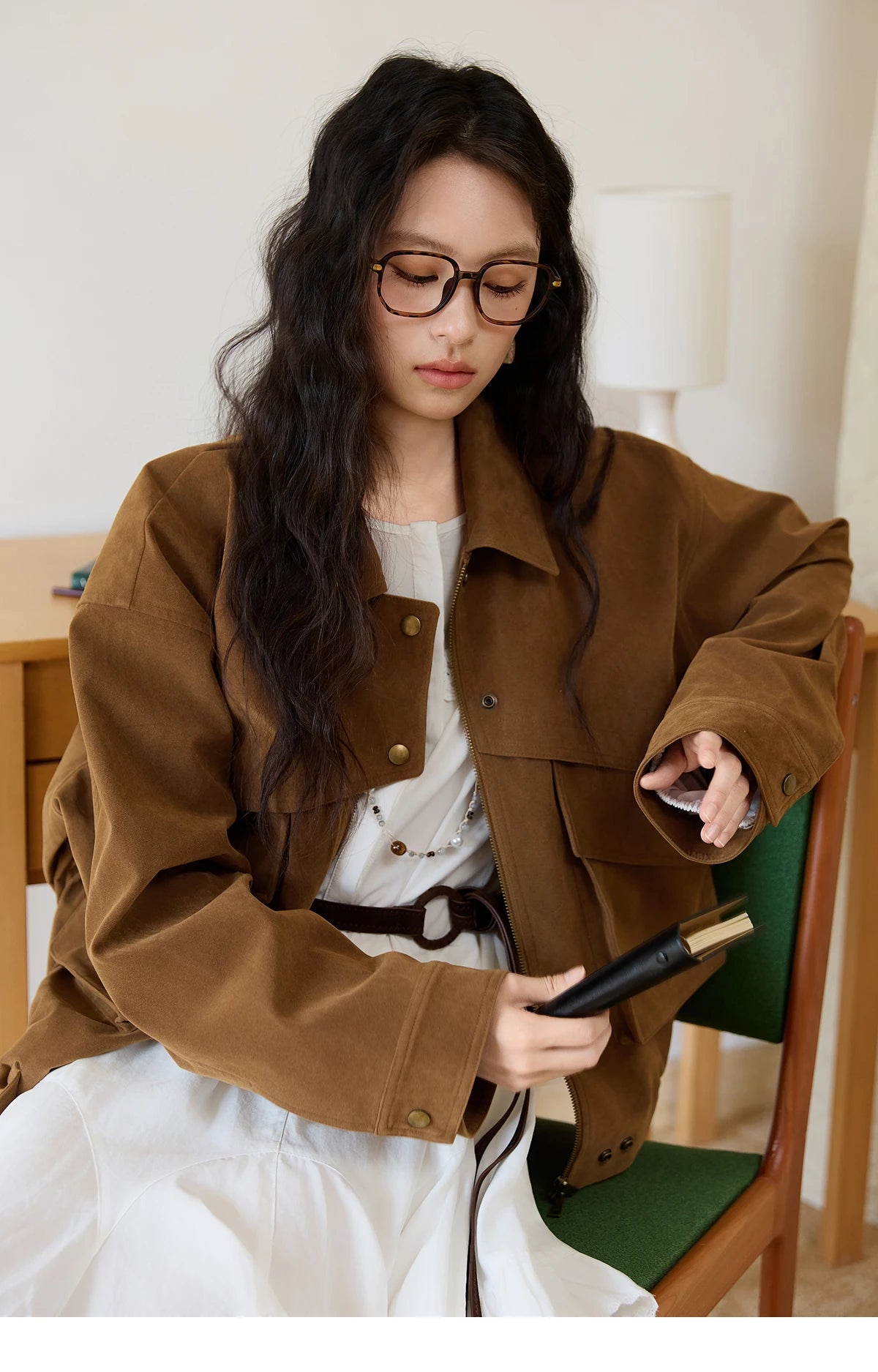 MISHOW Suede Retro Brown Jacket for Women Autumn Winter 2025 Pocket Zipper Loose Coats Lapel Wide-waisted Casual Coat MXE46W0866