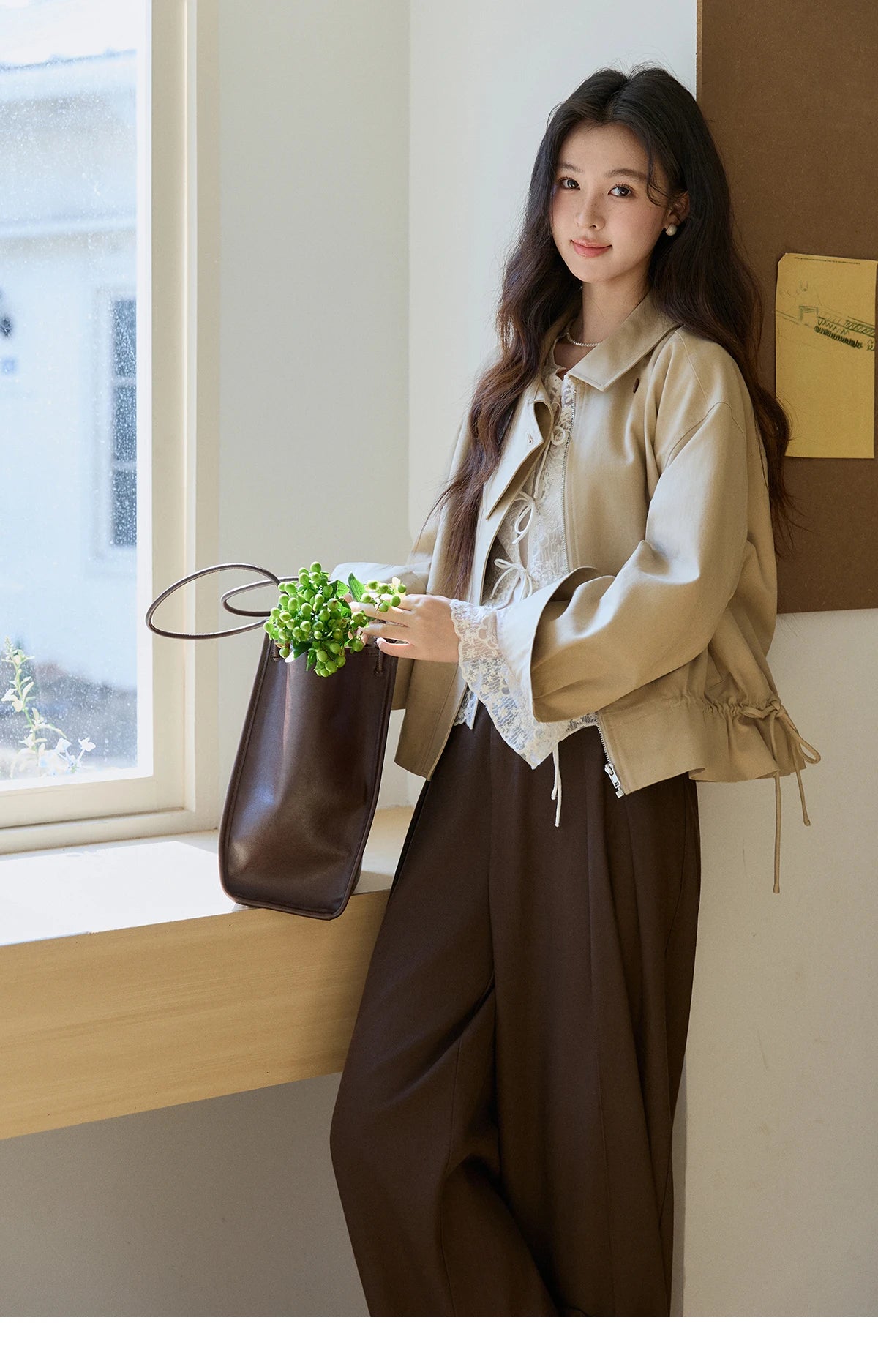 MISHOW Women's Khaki Cropped Jacket 2026 Spring Asymmetrical Collar Drawstring Waist Short Jackets Casual Loose Coat MXF11W1029