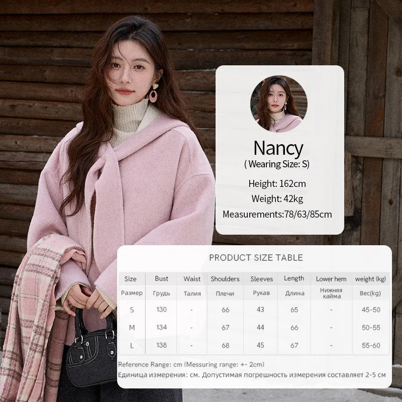 MISHOW Pink Wool Double-sided Woolen Coat Winter Hooded Bow Tie Strap Coats Loose Dropped Sleeves Coat Office Lady MXE91W1010