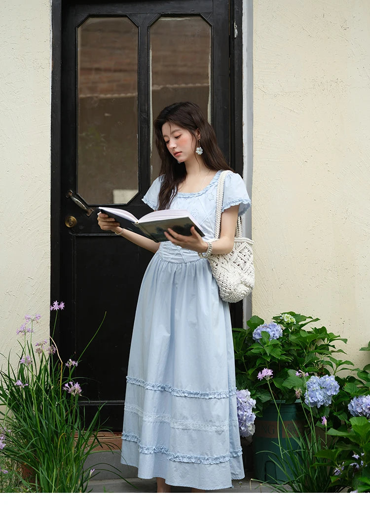Mishow Blue Lace Mushroom Edge Puff Sleeve Dress MXE38L2348