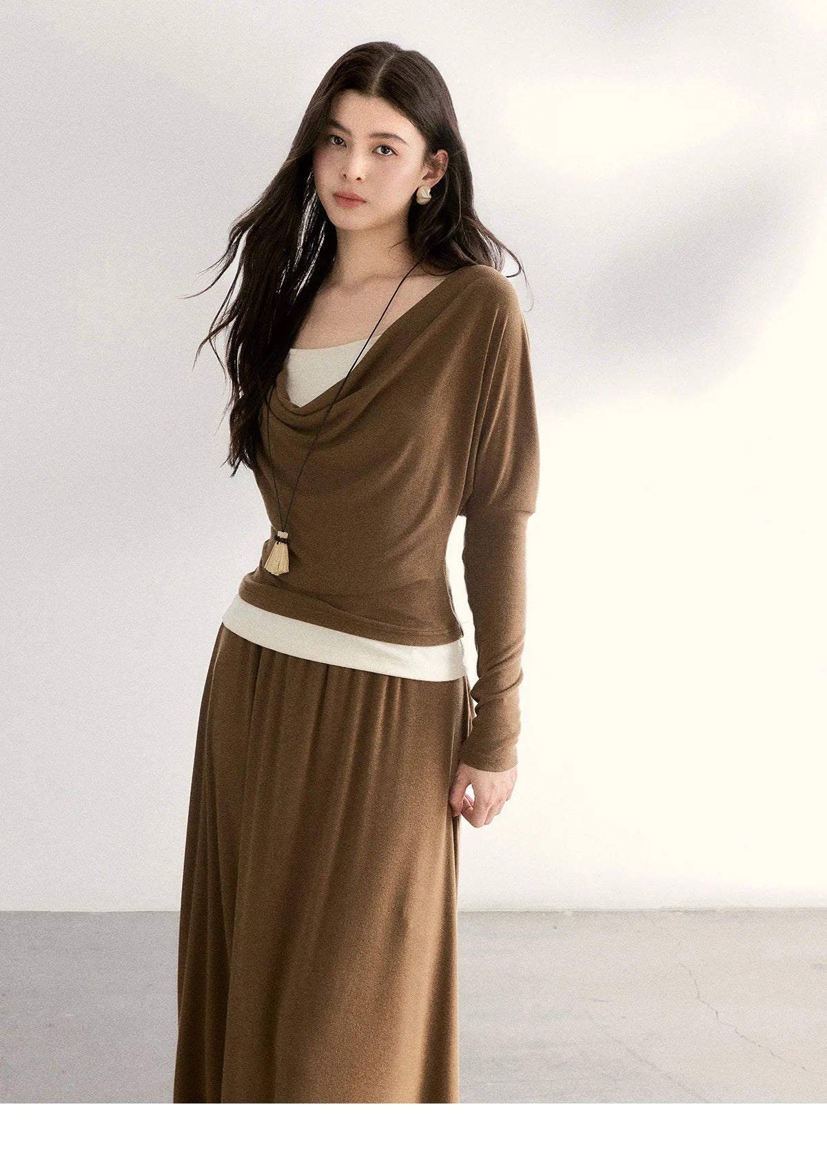 MISHOW Women's Draped Neck Tops with Camisole Two Piece Set 2026 Spring Long Sleeve Slim Casual Soft Brown Tops MXF11T1458