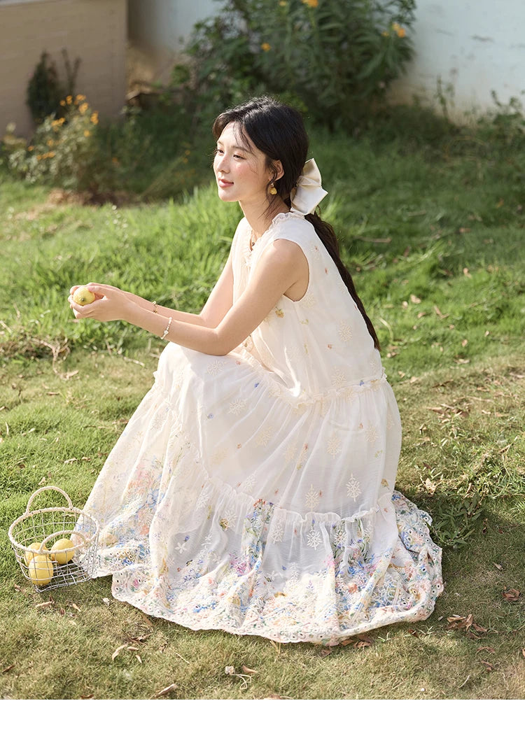 MISHOW Women's Fashion Sleeveless Print Dress 2025 Summer New Mushroom Edge O-Neck Lace Up Tassels Loose Midi Dresses MXE36L2253