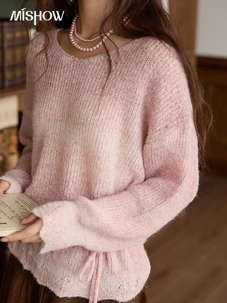 MISHOW Women's Pink Gradient Knitted Top 2025 Autumn French Wool Blend Ribbed Cuff Long Sleeve Tops with Knitted Rope MXE43Z1334