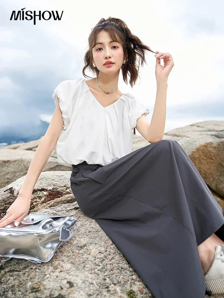 MISHOW Soft Blouses for Women 2025 Summer French Rear Collar Tie Up Solid Short Sleeve Solid V Neck Puff Sleeve Tops MXC38X1275