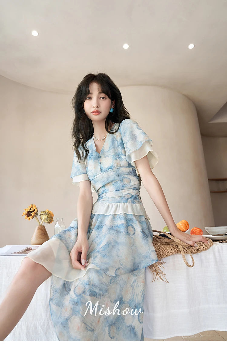 MISHOW [Van Gogh Collection] Fairycore Dresses 2025 Summer Double Layer Sleeves Asymmetrical V-Neck Printing Dress MXC39L1527