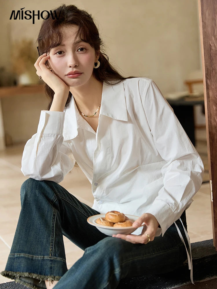 MISHOW French Side Placket Asymmetric Shirt Autumn 2025 Pleated Waist Lapel Shirts Long Sleeve Loose Commuter Tops MXD45C0357