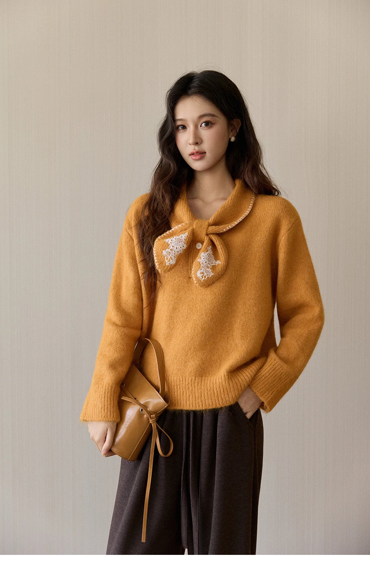 MISHOW Women's Yellow Knitted Sweater 2025 Autumn Winter Bow Collar Splicing Lace Tops Loose Warm Pullover Sweaters MXE94Z2971