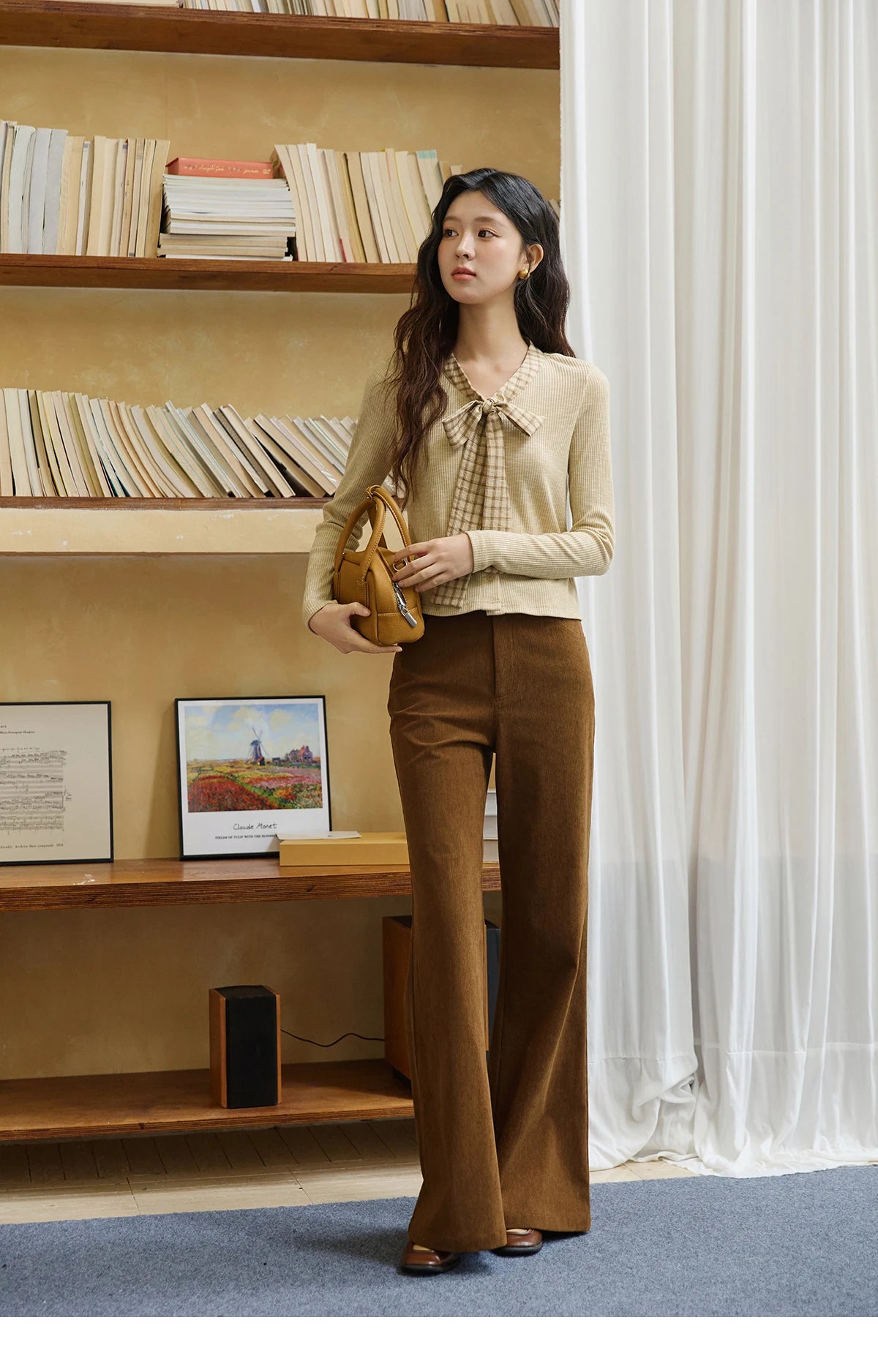 MISHOW Yellow Cardigan Women 2025 Autumn Vintage Plaid Bowknot V-neck Long-sleeve Knitted Top Commute Slim Sweater MXE16Z1168