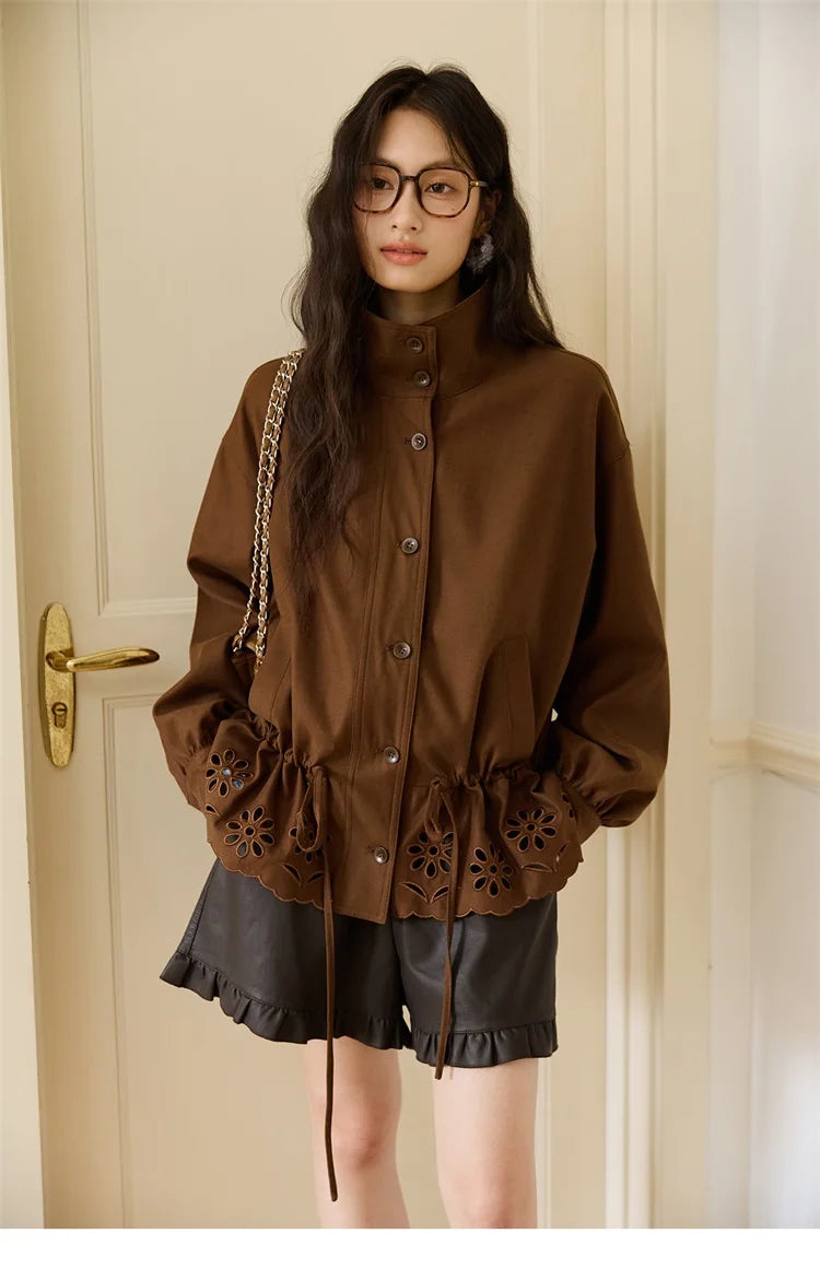 MISHOW Hollow Embroidered Trench for Women Autumn 2025 Drawstring Waist Coffee Jacket Lapel Single Breasted Coat MXE48W0855