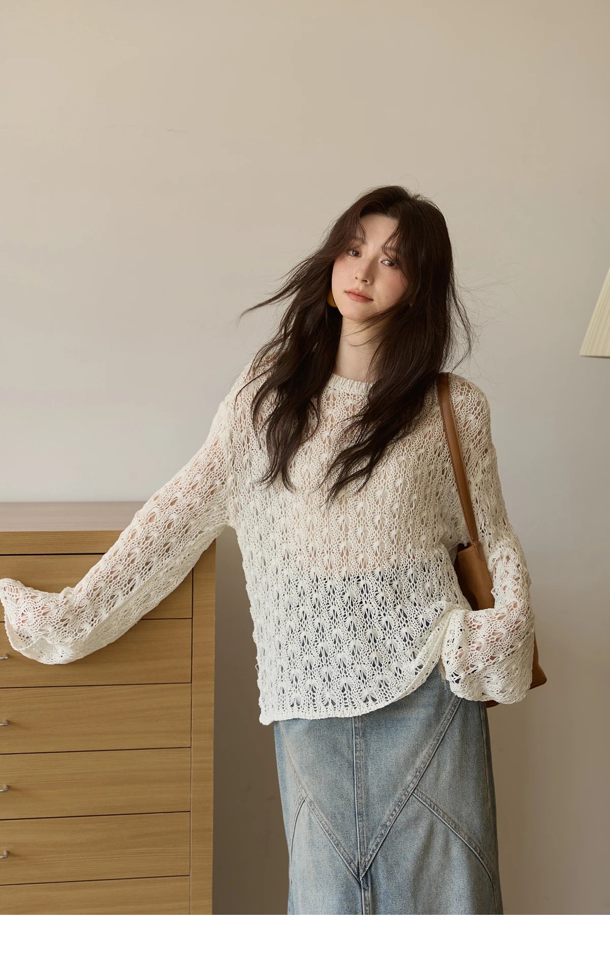 MISHOW Women's Hollow Knitted Tops 2025 Autumn Jacquard Weave Breathable Top Solid Dropped Sleeve Knitted Sweaters MXE43Z1360