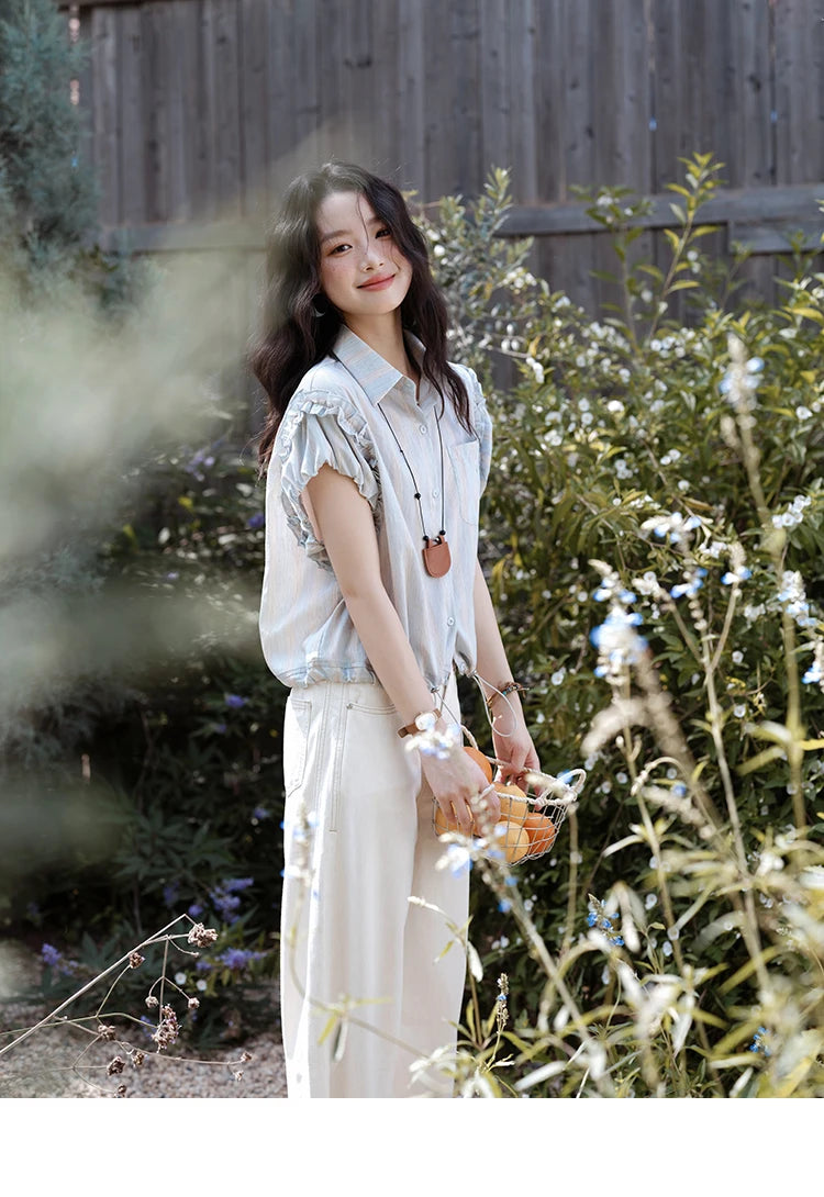 MISHOW Women's Short Sleeve Shirt 2025 Summer Ladies Turn-down Collar Button Shirt Casual Striped Top Female Clothing MXE38C2347