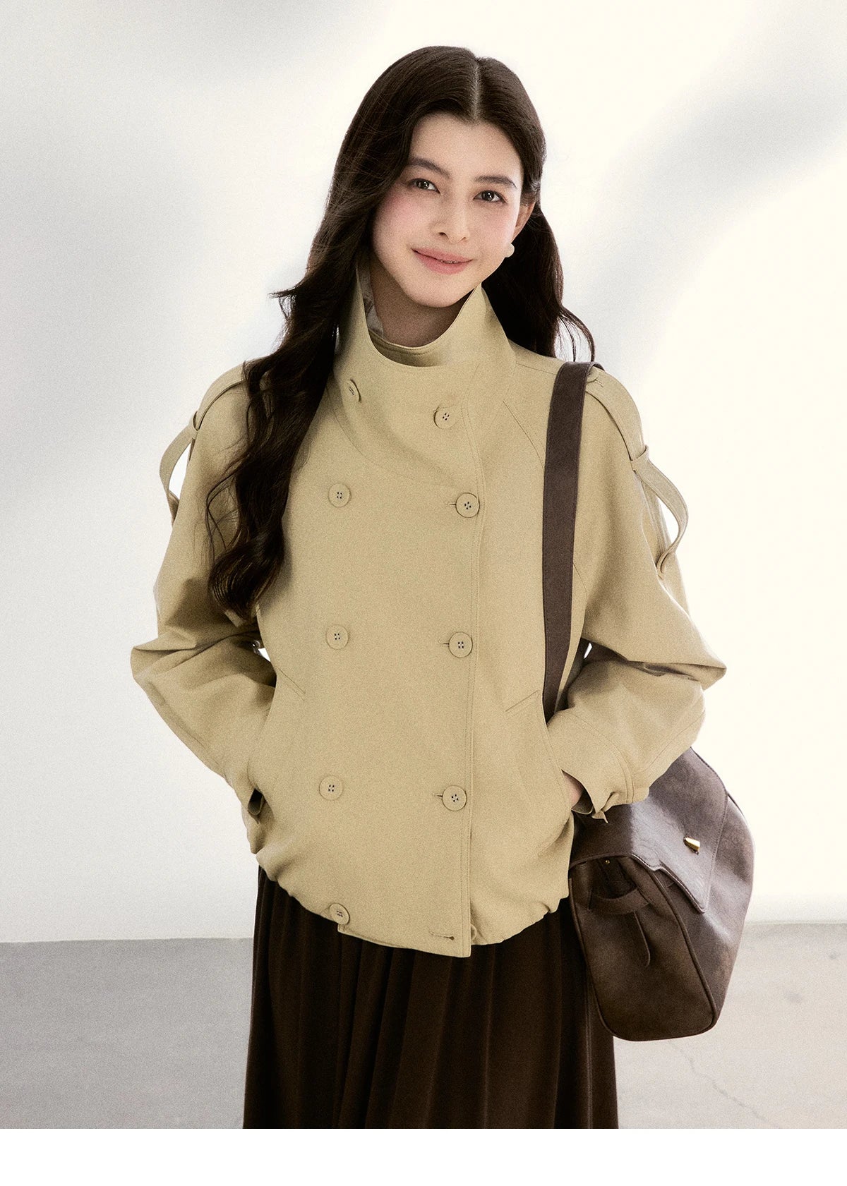 MISHOW Women's Khaki Cropped Short Leather Jacket 2026 Spring Lapel Stand Collar Double Breasted Casual Loose Coat MXF108W1000