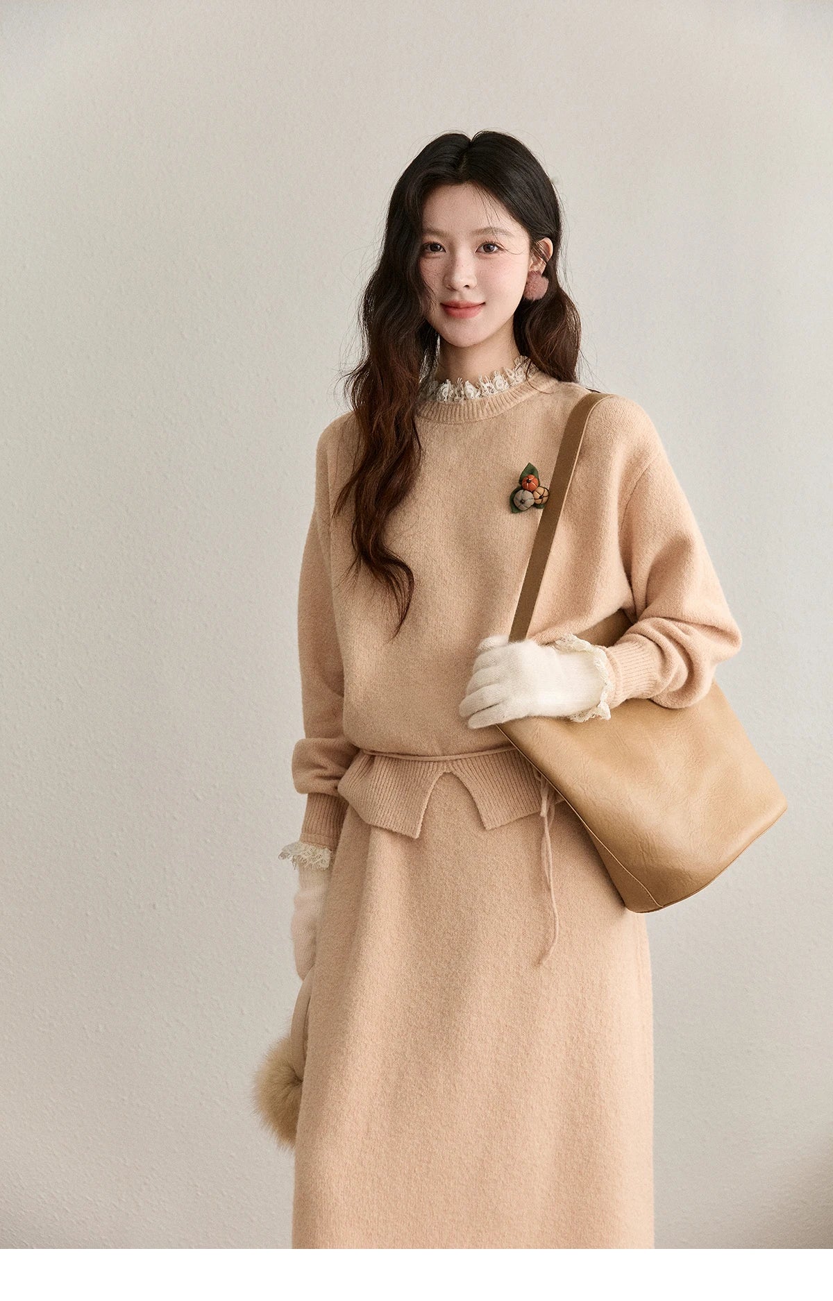 MISHOW Lace Trim Knitted Sweater Midi Skirt Set 2025 Winter Non Removable Brooch Decor Sweater Back Split Skirt Sets MXE92T1450