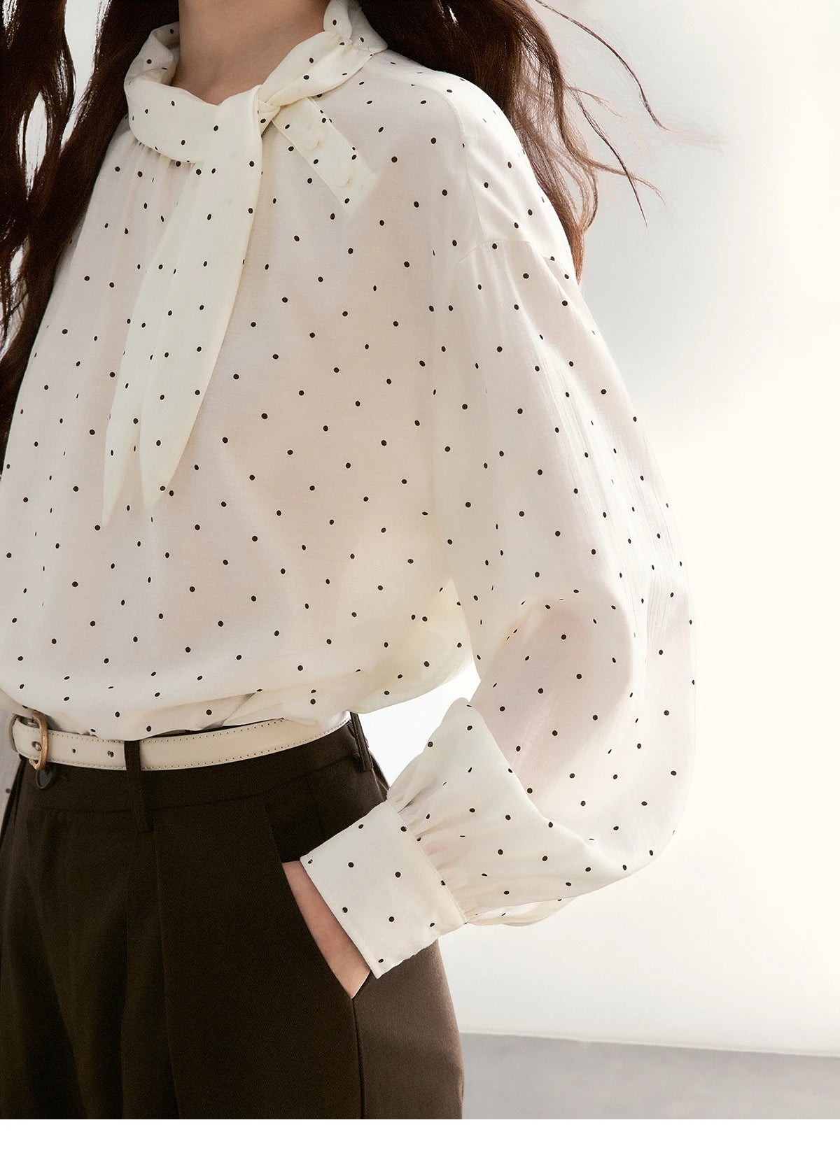 MISHOW Women's White Polka Dot Blouse Spring Bow Tie Neck Sheer Chiffon Blouses Casual Long Sleeve Top Office Lady MXF13X2531