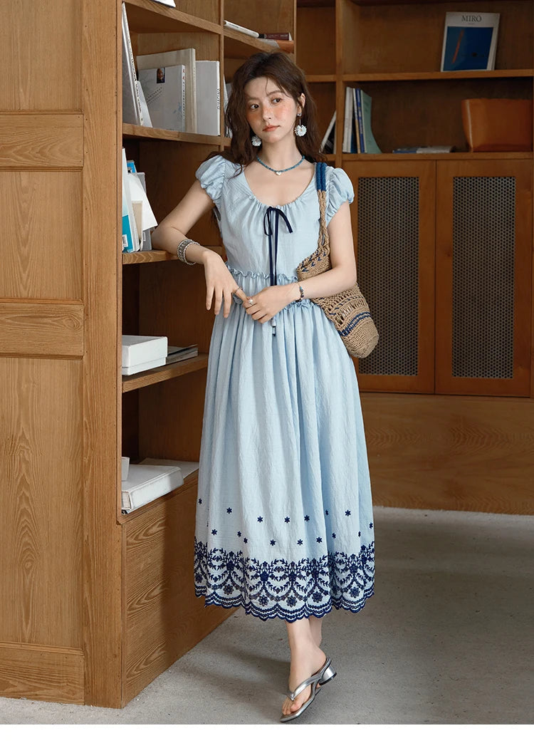 MISHOW Women's Bohemian Embroidery Dress 2025 Summer Ladies Fashion V-neck Lace Up Flower Bud Sleeve Blue Long Dress MXE36L2244