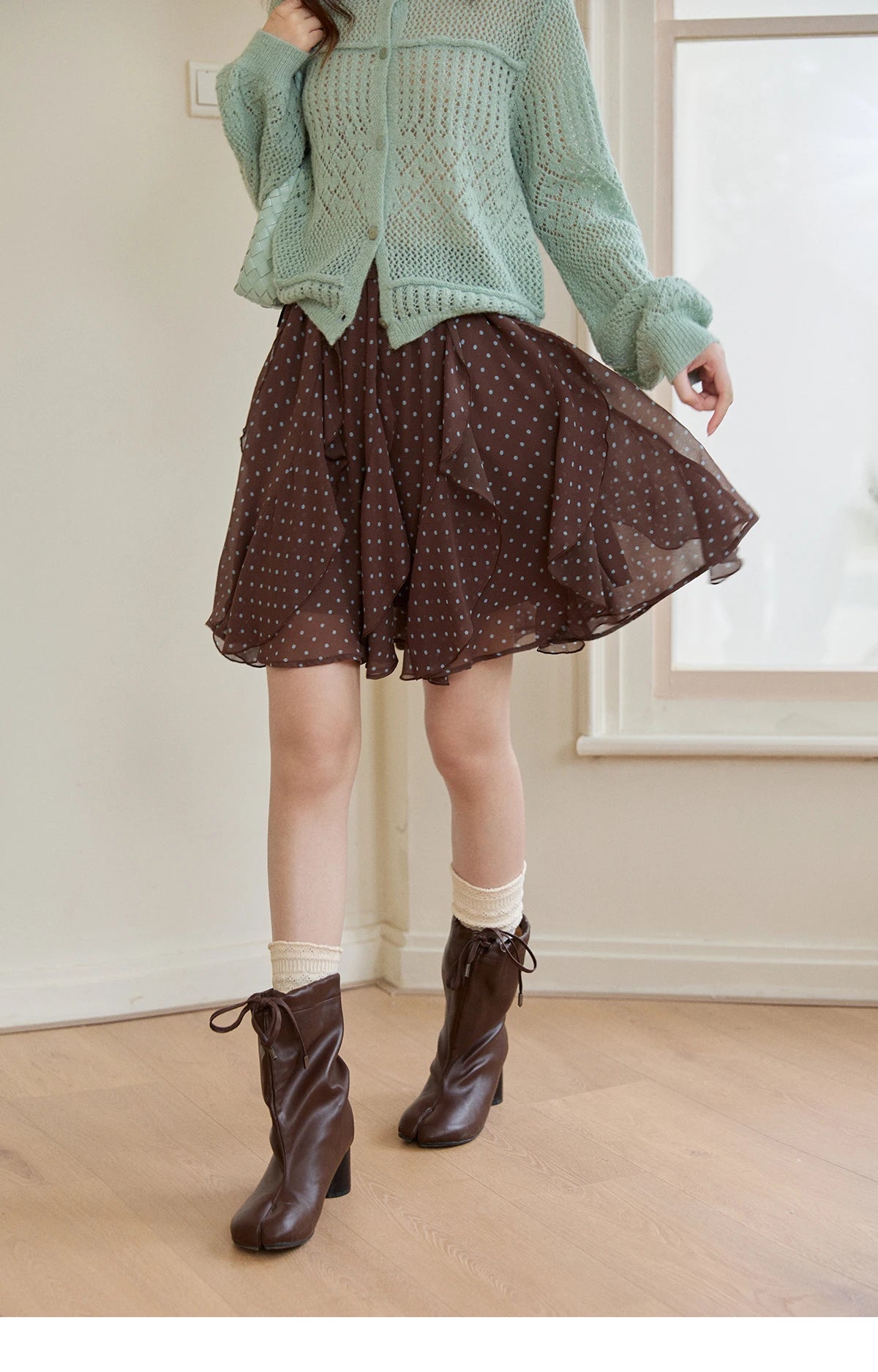 MISHOW Women's Brown Polka Dot Skirt Spring Irregular Ruffled Chiffon Elastic Waist Skirts Casual A-line Mini Skirt MXF13B2476