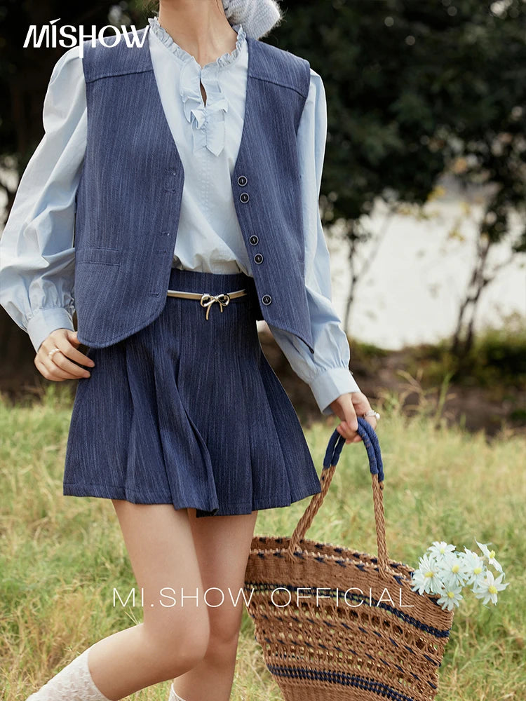 MISHOW Women's V-neck Vest Coat Pleated Skirt Set Spring 2025 Symmetric Fake Pocket Coat A-line Skirts (No with Belt) MXE31T0505