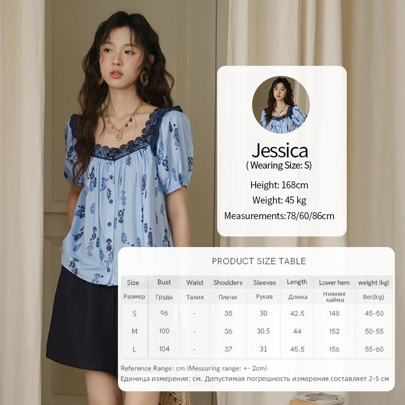 MISHOW Fashion Print Cotton Shirt for Women 2025 Summer New Puff Sleeve Lace Splicing Retro Blue Casual Button Top MXE35X1842