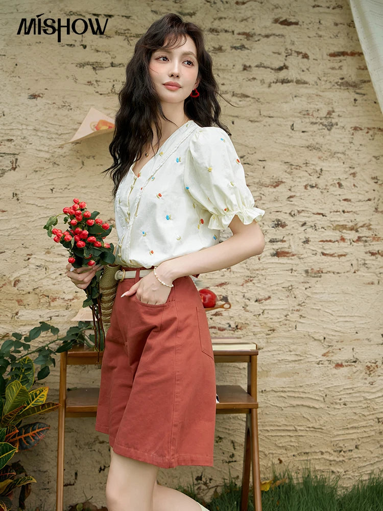 MISHOW 100% Cotton Women's Puff Short Sleeve Shirt 2025 Summer New Square Neck Blouse Embroidered Lace Patchwork Tops MXD22X1420