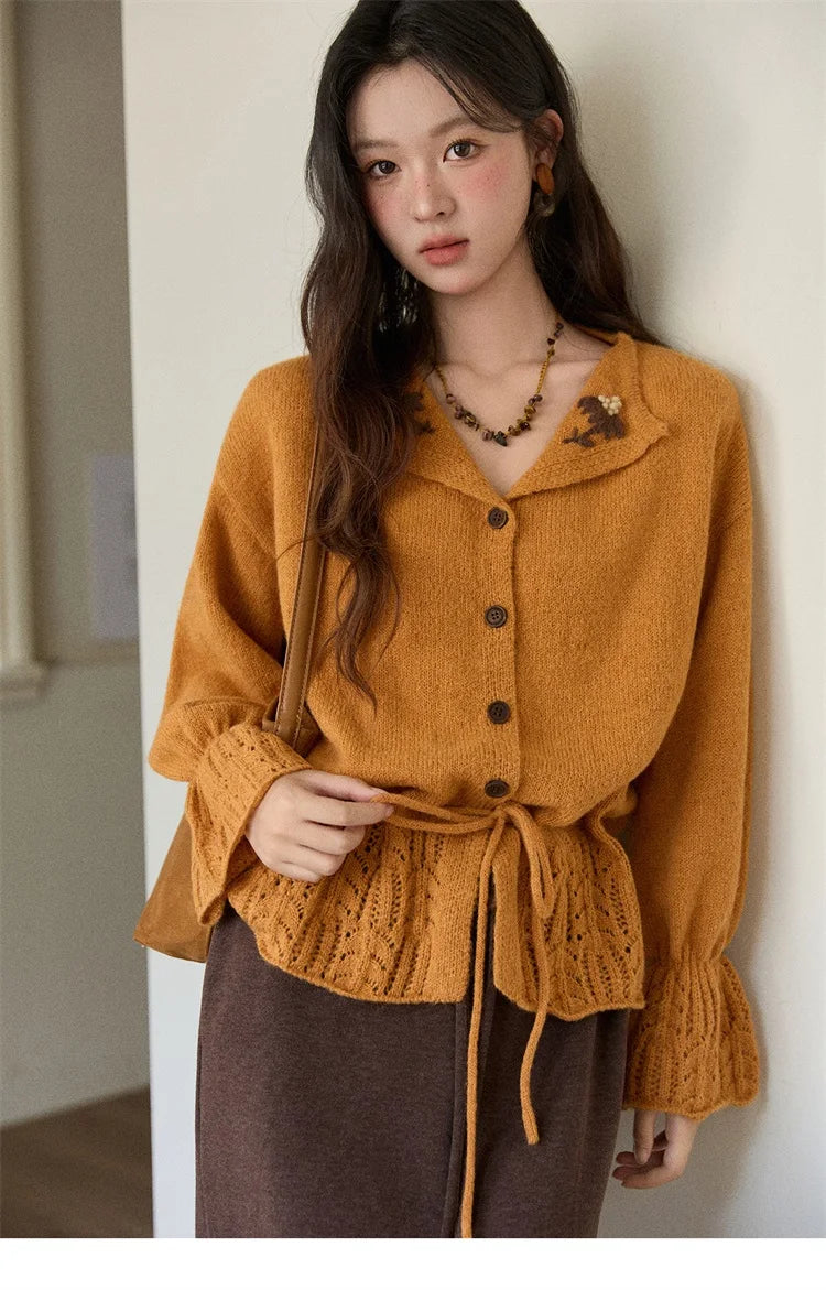MISHOW Orange Cardigan Women 2025 Winter Retro Openwork Crochet Pattern Knit Top Loose Warm Flared Sleeves Sweater MXE87Z2685
