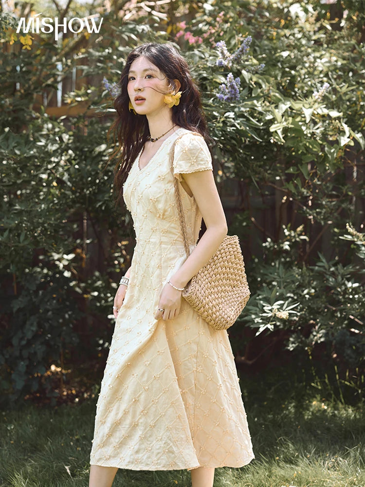 MISHOW Women's V-neck Lace Spliced Dress 2025 Summer New Embroidery Vacation French Style Jacquard Mid-Length Dresses MXE38L2378