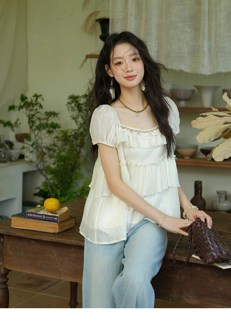 MISHOW French Summer Blouse Women New 2025 Short Sleeve Square Collar Cake Ribbon Shirts Female Fashion Slimming Tops MXE33X1763