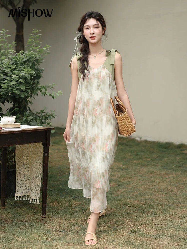 MISHOW French Lazy Suspender Floral Chiffon Dress 2024 Summer Fairy Seaside Vacation Dress V Neck A-LINE Dresses MXD28L1862