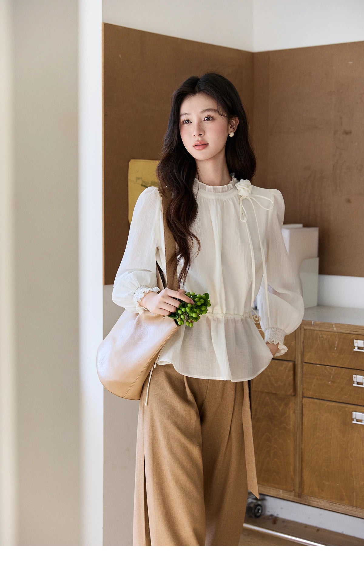 MISHOW Women's Ruffled Stand Collar Blouse 2026 Spring Flower Decor Apricot Blouses Drawstring Waist Puff Sleeve Top MXF11C2428