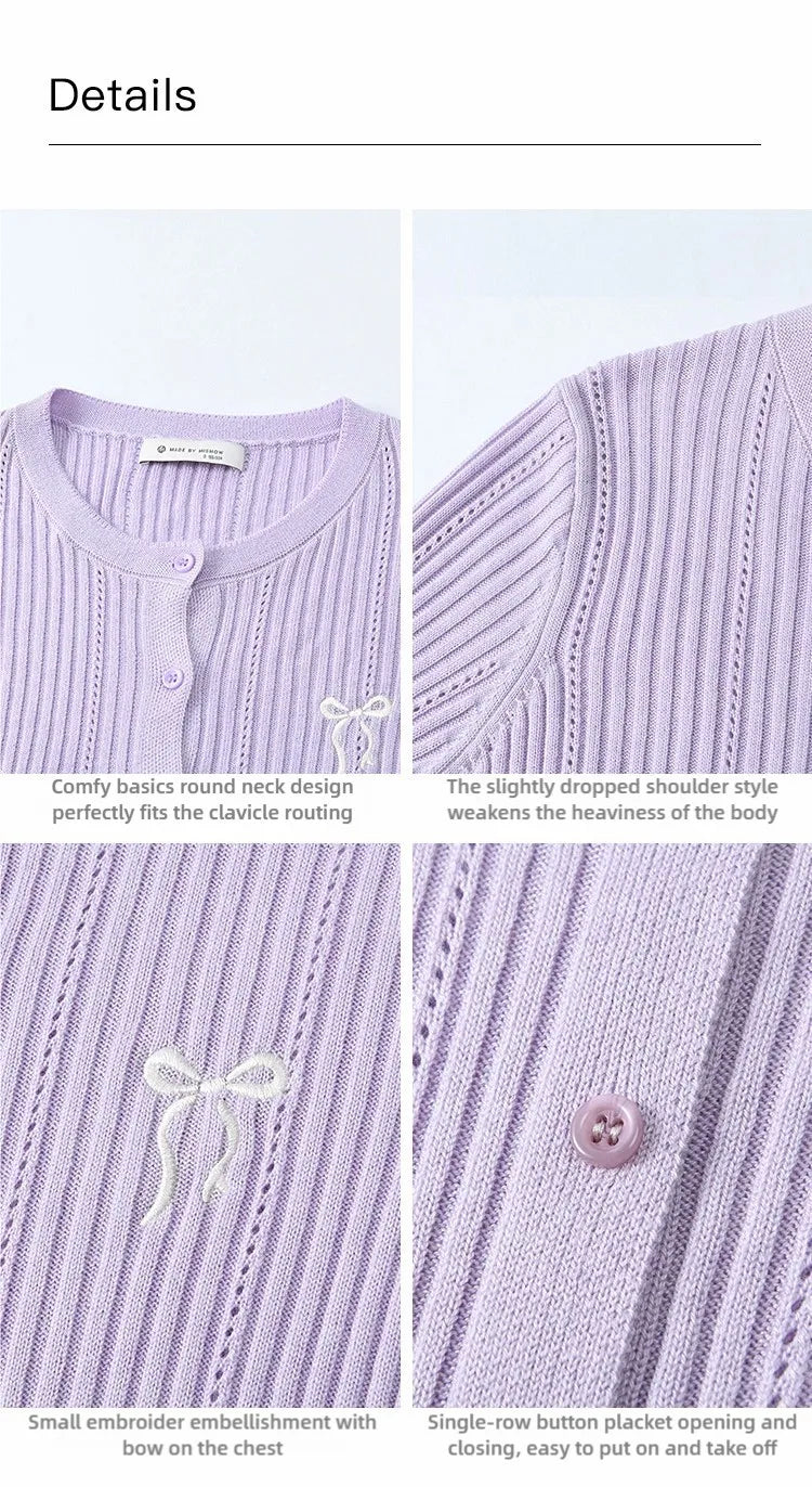 MISHOW Macaron Knitted Tops 2025 Spring Hollow Hook Flower Lace Splicing Tops Bow Embroidery O-neck Long Sleeve Tees MXE16Z1211