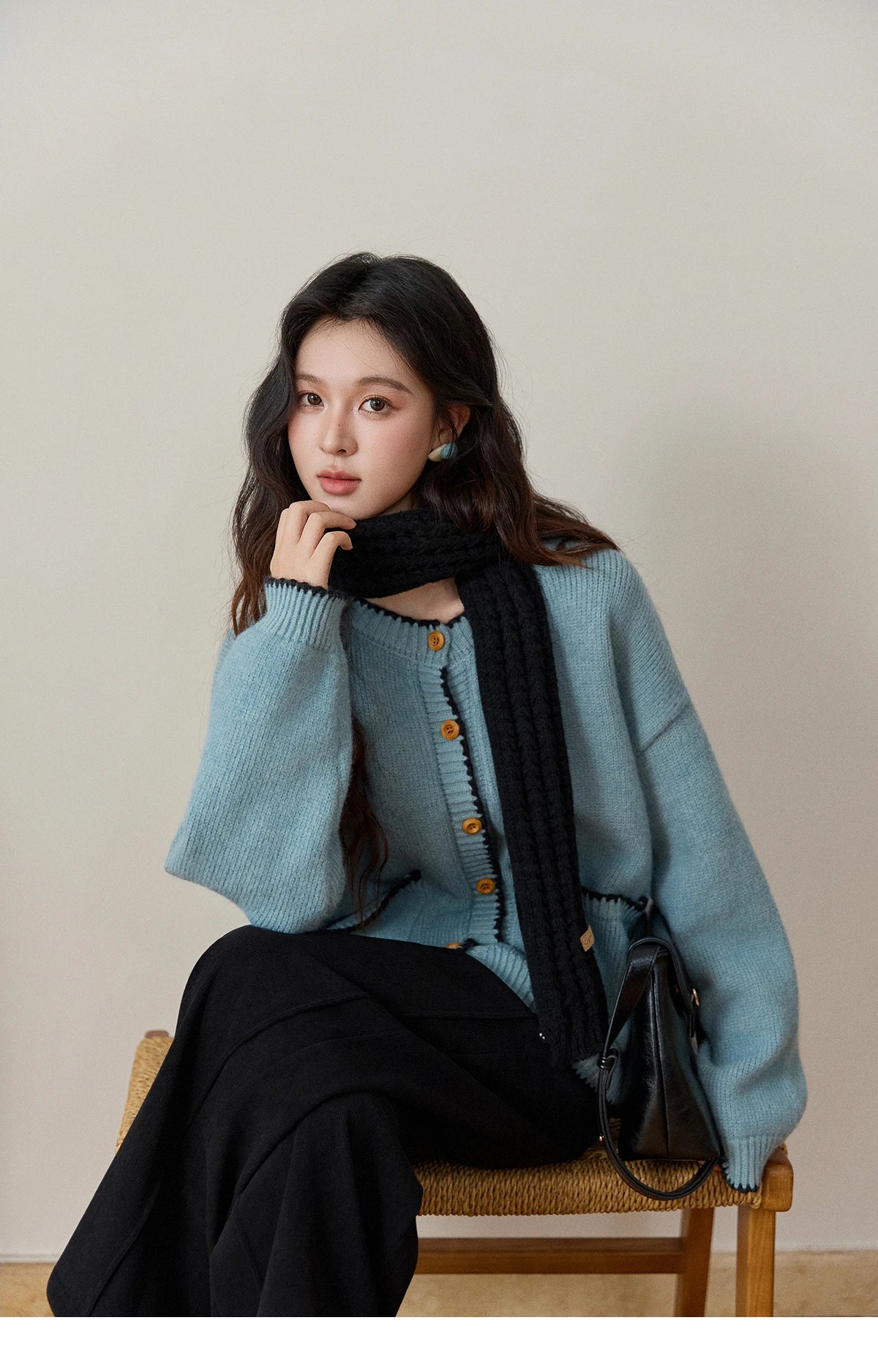 MISHOW Women's Yellow Knitted Cardigan 2025 Autumn Winter Color Collision Edge Sweater Pockets Loose Warm Casual Tops MXE94Z2973