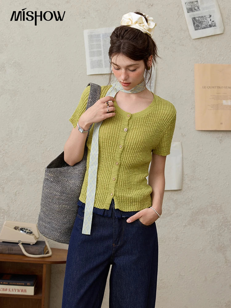 MISHOW Summer Knitted T-Shirts 2025 New Solid Short Sleeve Round Neck Thin Tops Female Fashion Versatile Office Lady MXE31Z1229