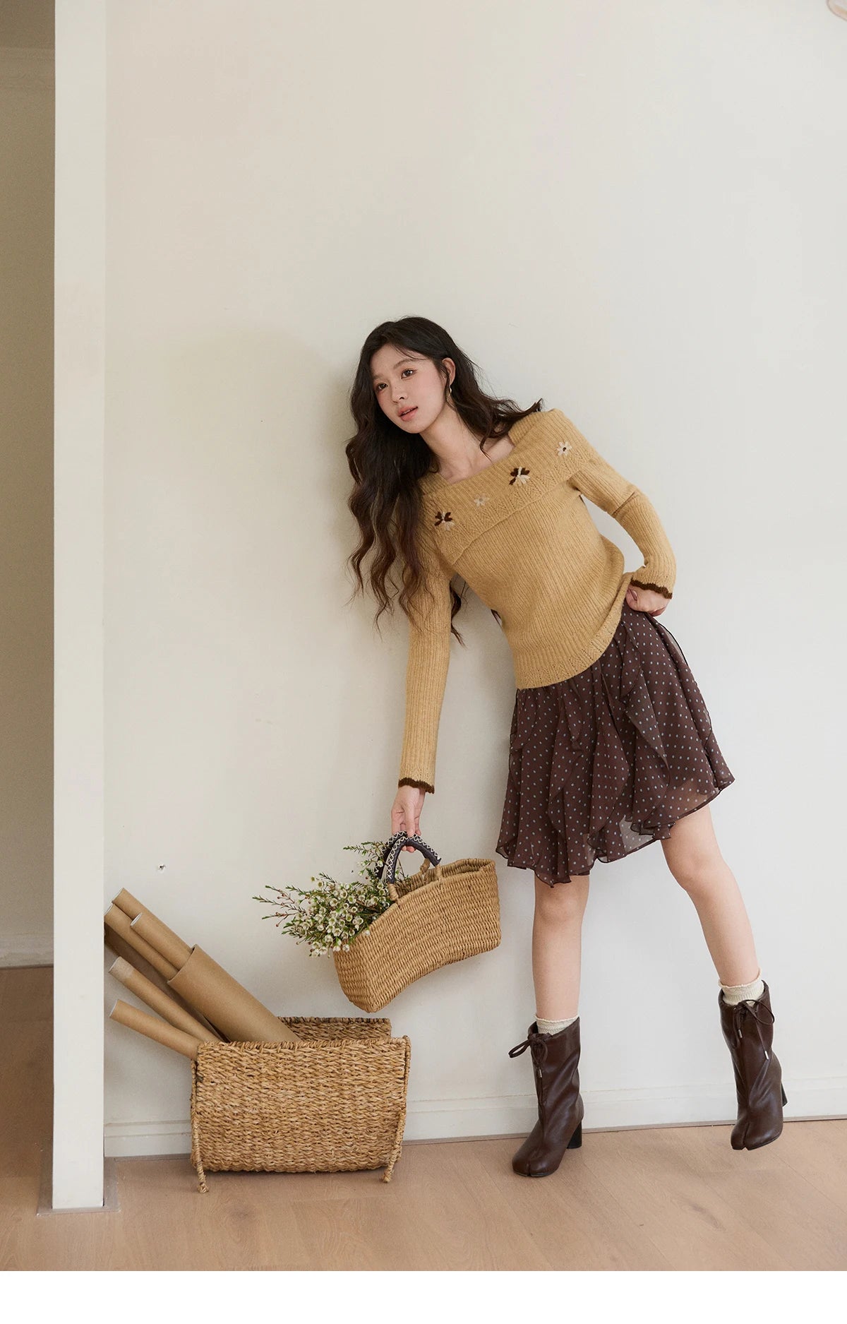 MISHOW Women's Yellow Ribbed Knit Sweater 2026 Spring One Shoulder Collar Floral Embroidery Long Sleeve Thin Sweaters MXF11Z2894