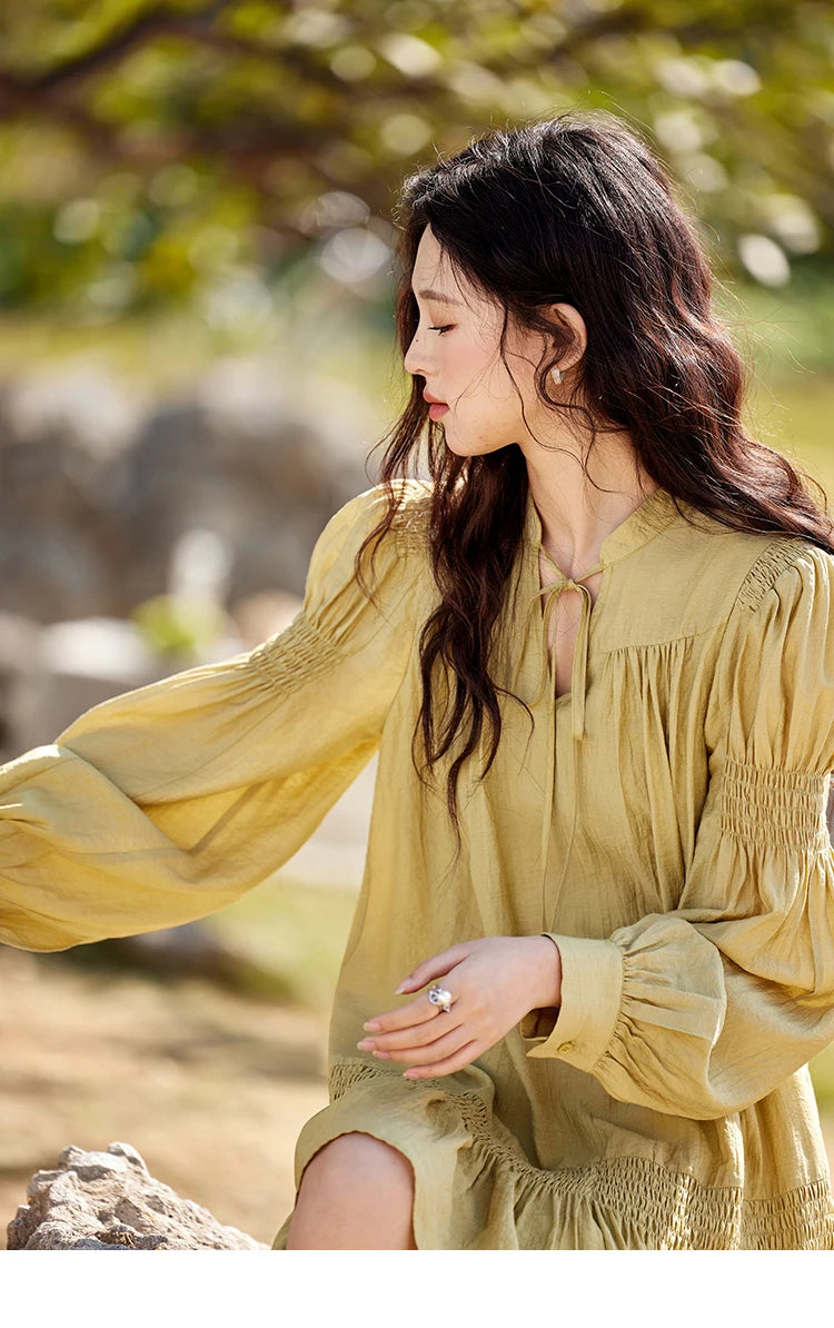 MISHOW Folded Lace Up Dress for Women Spring 2025 Solid V-neck Loose Chiffon Doll Dress Puff Sleeve Knee-Length Dress MXE11L2113