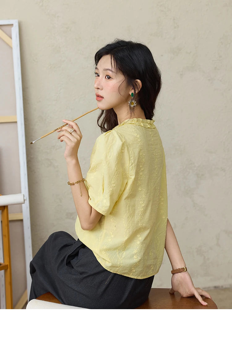 MISHOW 100% Cotton Women's Puff Sleeve Shirt 2025 Summer New Fashion Round Neck Button Top Casual Female Clothing MXE36X1873