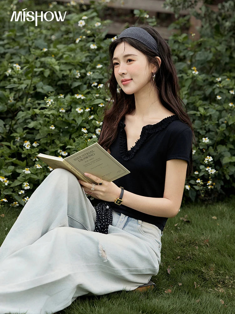 MISHOW Casual Summer T-shirts Women New 2025 Short Sleeve V-neck  Solid Straight Shoulder Slimming Shirt Female Thin MXE35T0562