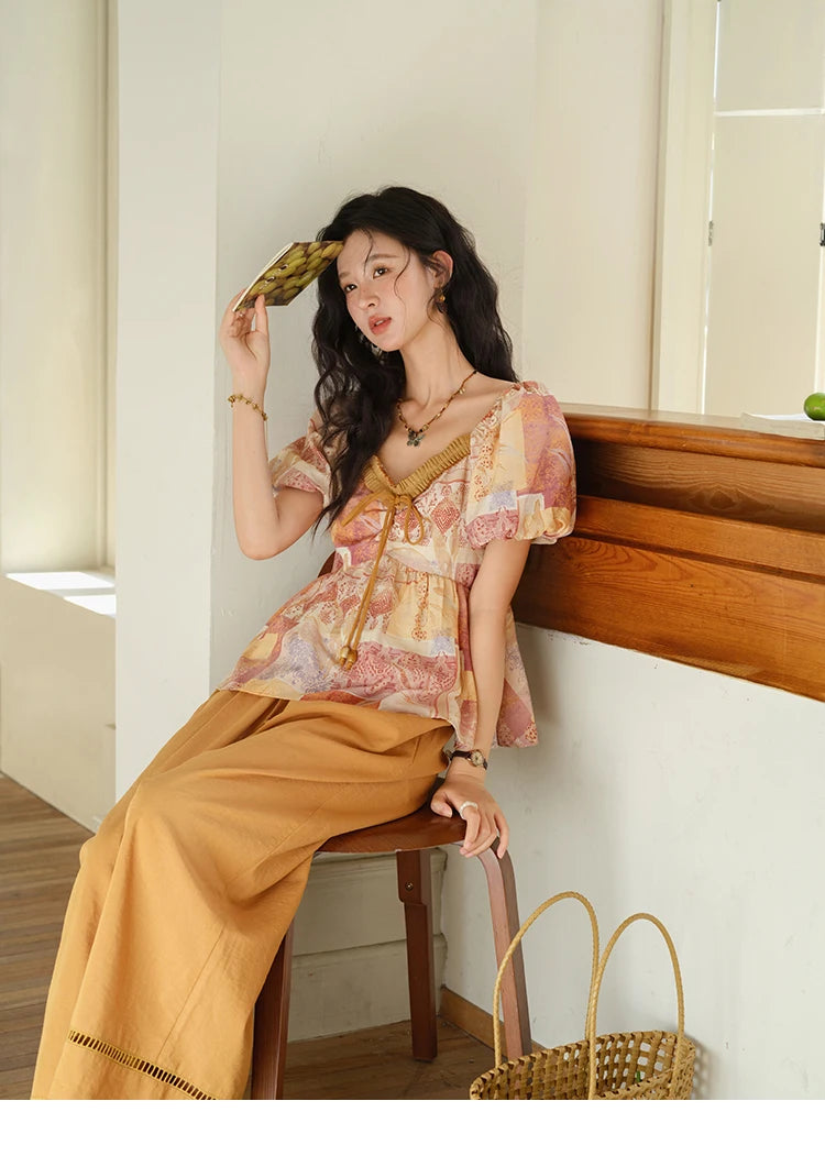 MISHOW V-neck Lace Up Patchwork Blouses for Woman 2025 Summer New Ladies Puff Sleeve Print Loose Top Female Clothing MXE38X1911