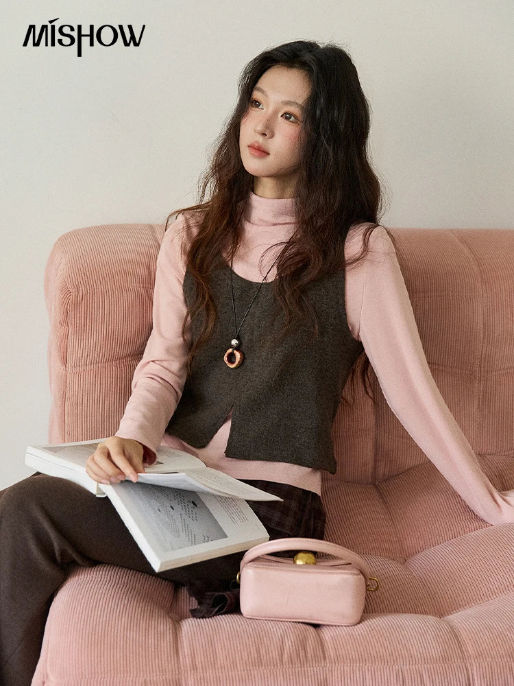 MISHOW Two-piece Suit for Women 2025 Winter Retro Turtleneck Knit Long-sleeved Tops Square Collar Vest Woman Set MXE88T1440